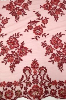 28-549 Meggypiros Tüll alapon, hímzett,gyöngyökkel ( csipke)